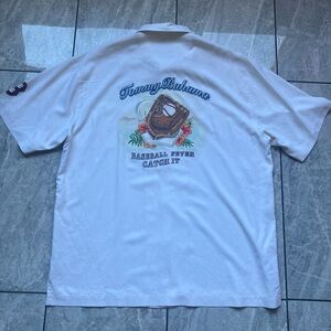 Tommy Bahama Men's Ivory 100% Silk Button Up Baseball Fever Embroider Shirt Sz L